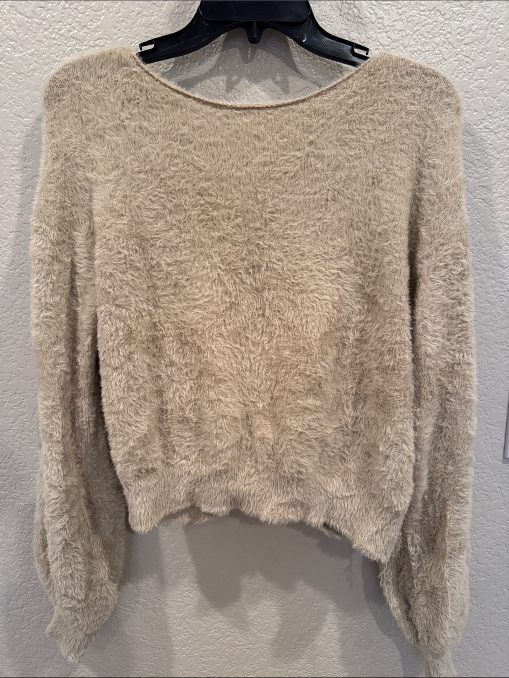 Cozy Women's Fuzzy Crewneck Sweater with open back - Cream